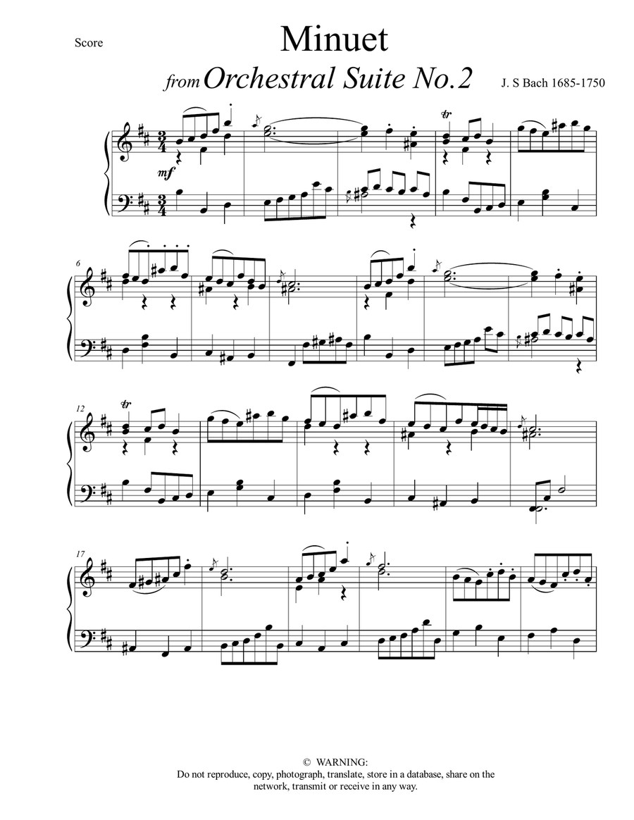 Minuet from Orchestral Suite No.2 Piano Sheet Bach Piano Solo scores gallery preview page 1