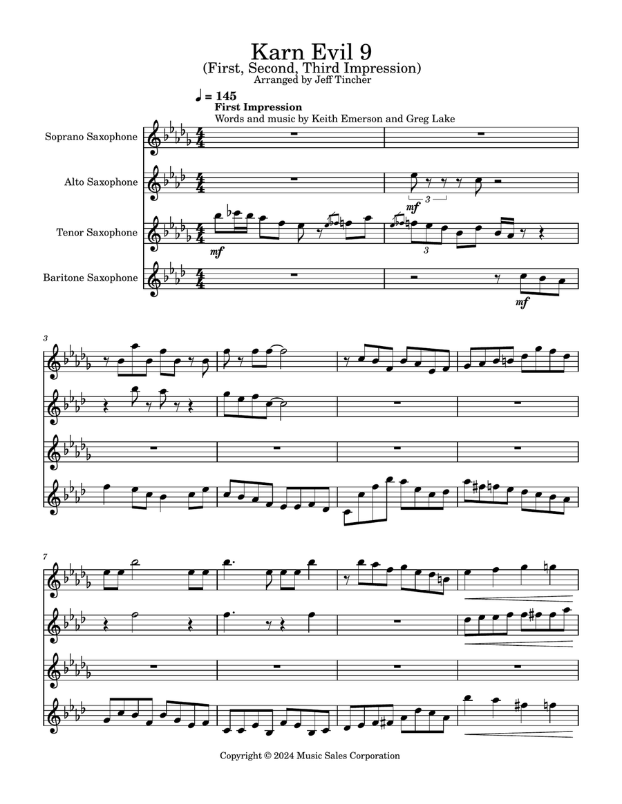 Medley: Karn Evil 9 (First Impression) with Karn Evil 9 (Second Impression) and Karn Evil 9 (Thir... Saxophone Quartet scores gallery preview page 2