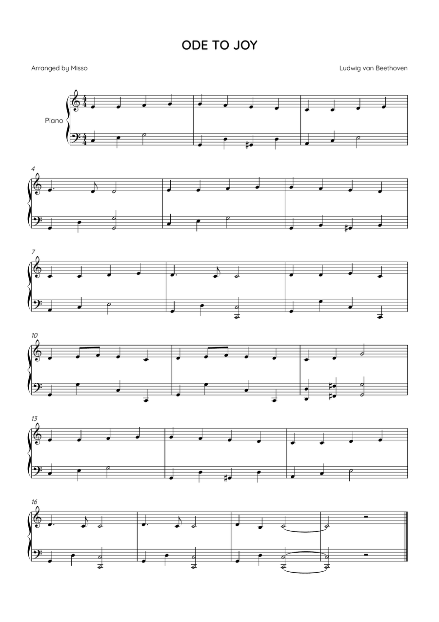 ODE TO JOY - Piano Solo in C Major - Easy Level Easy Piano scores gallery preview page 1