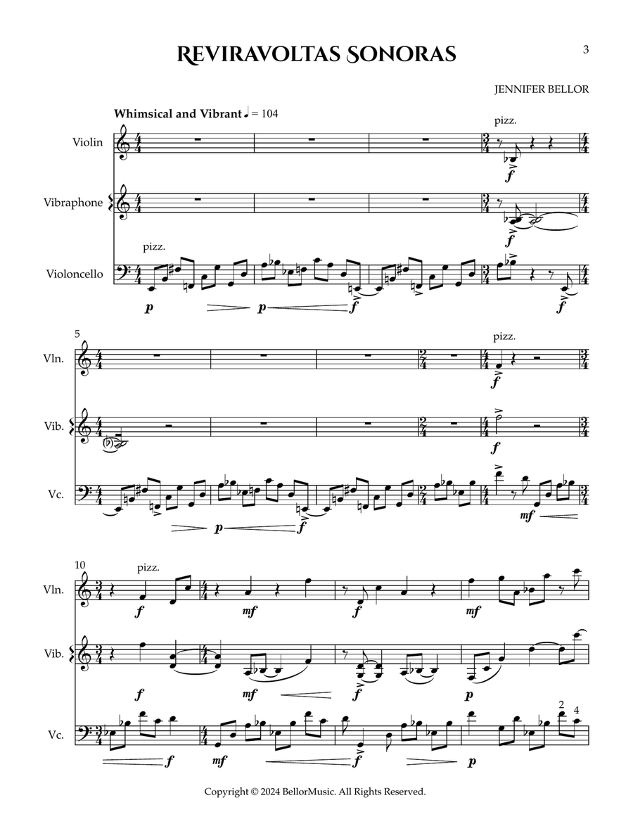 Reviravoltas Sonoras - violin, vibraphone, and cello Small Ensemble scores gallery preview page 4
