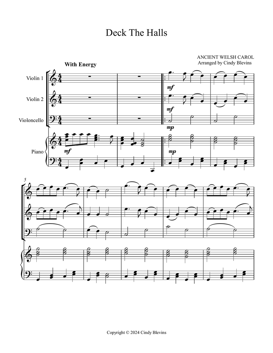 Deck the Halls, for Two Violins, Cello and Piano Piano Quartet scores gallery preview page 2