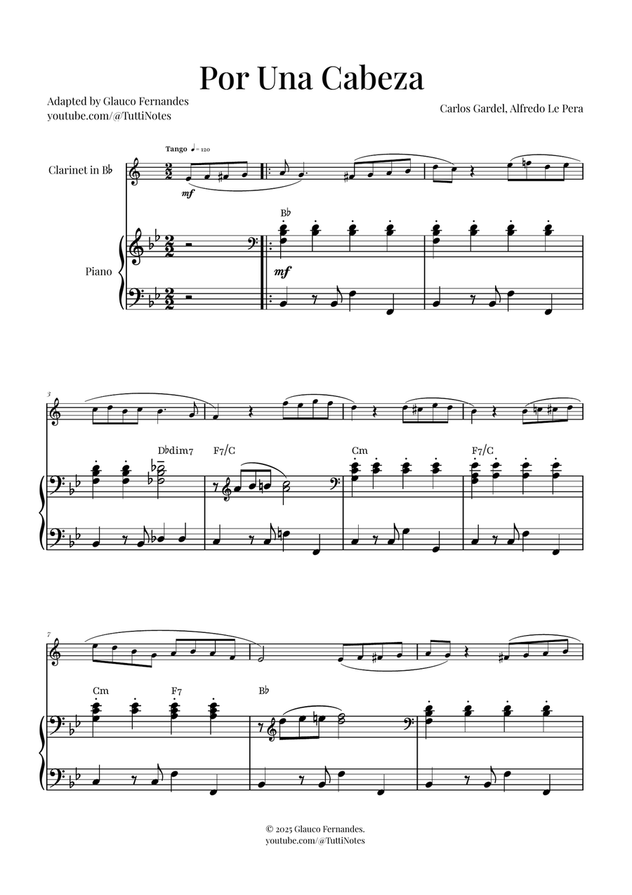 Por Una Cabeza | Timeless Tango Masterpiece B-Flat Clarinet scores gallery preview page 1