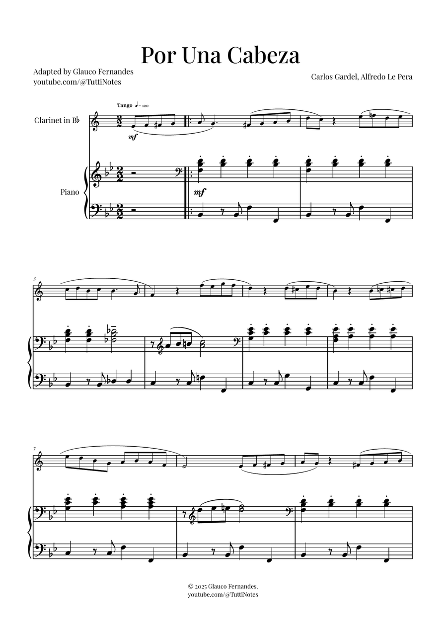 Por Una Cabeza | Timeless Tango Masterpiece B-Flat Clarinet scores gallery preview page 1