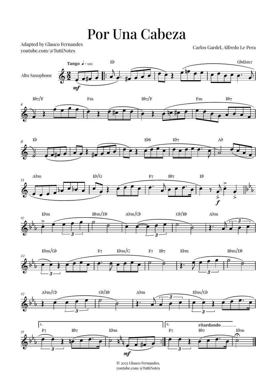 Por Una Cabeza | Timeless Tango Masterpiece Alto Saxophone scores gallery preview page 1