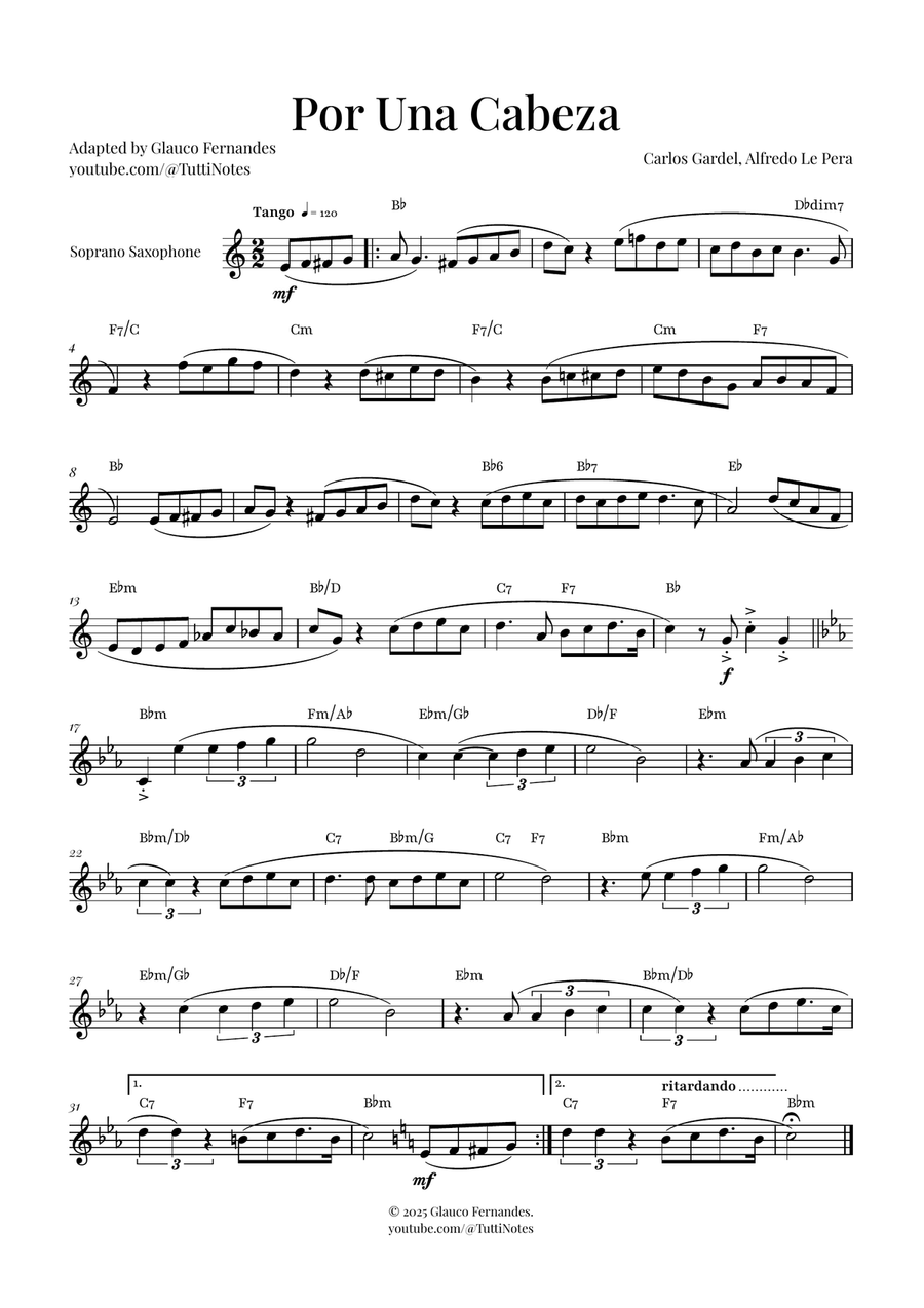 Por Una Cabeza | Timeless Tango Masterpiece Soprano Saxophone scores gallery preview page 1
