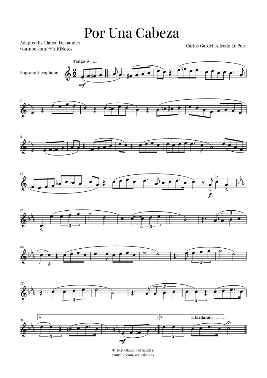 Por Una Cabeza | Timeless Tango Masterpiece Soprano Saxophone scores gallery preview page 1