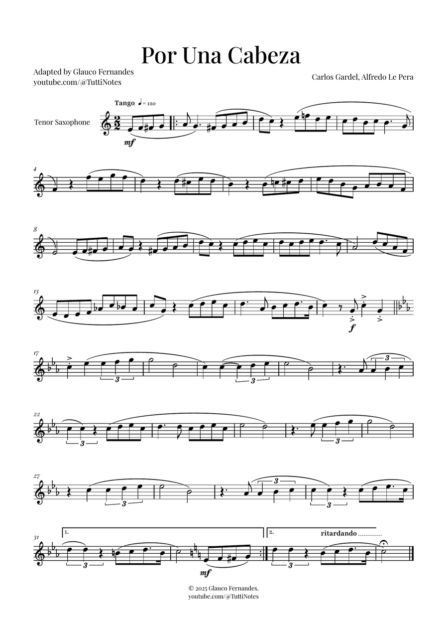 Por Una Cabeza | Timeless Tango Masterpiece Tenor Saxophone scores gallery preview page 1