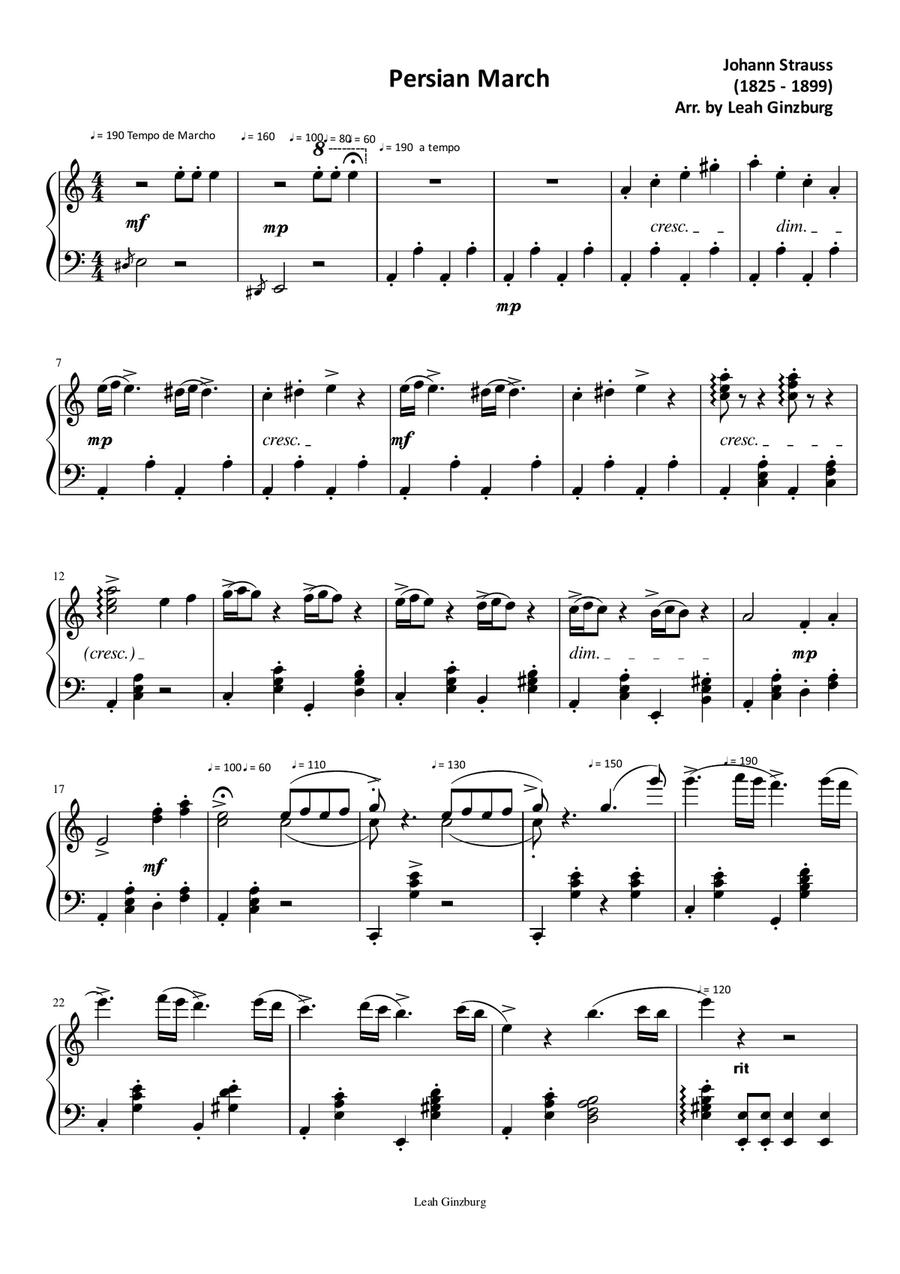 Persian March by Johann Strauss Piano Solo scores gallery preview page 1