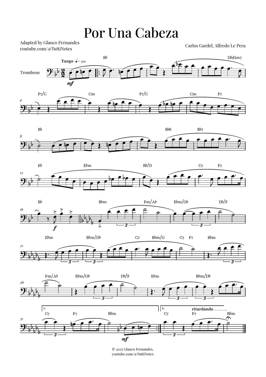 Por Una Cabeza | Timeless Tango Masterpiece Trombone Solo scores gallery preview page 1