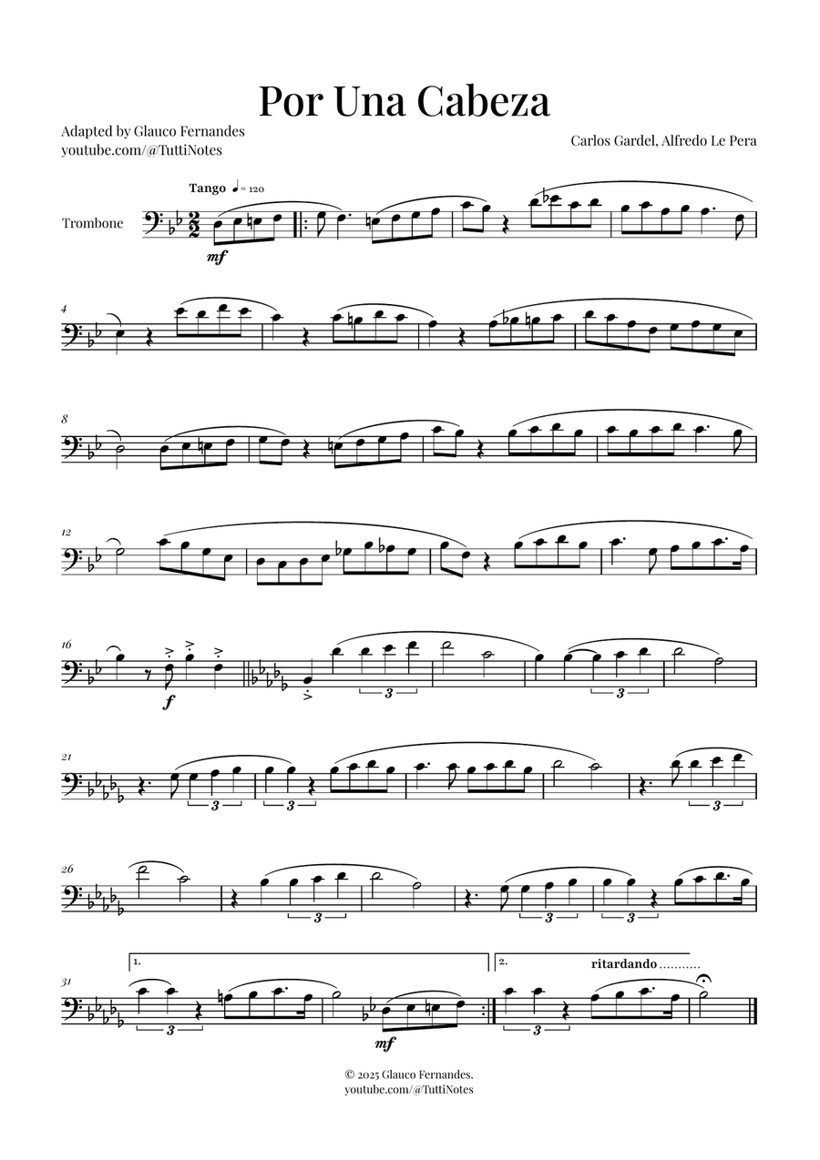 Por Una Cabeza | Timeless Tango Masterpiece Trombone Solo scores gallery preview page 1