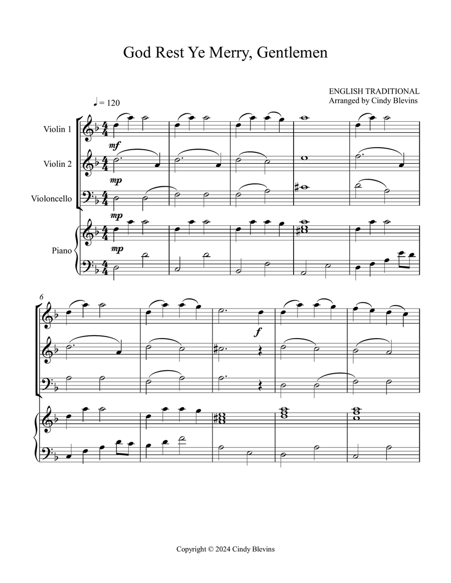God Rest Ye Merry, Gentlemen, for Two Violins, Cello and Piano Piano Quartet scores gallery preview page 2