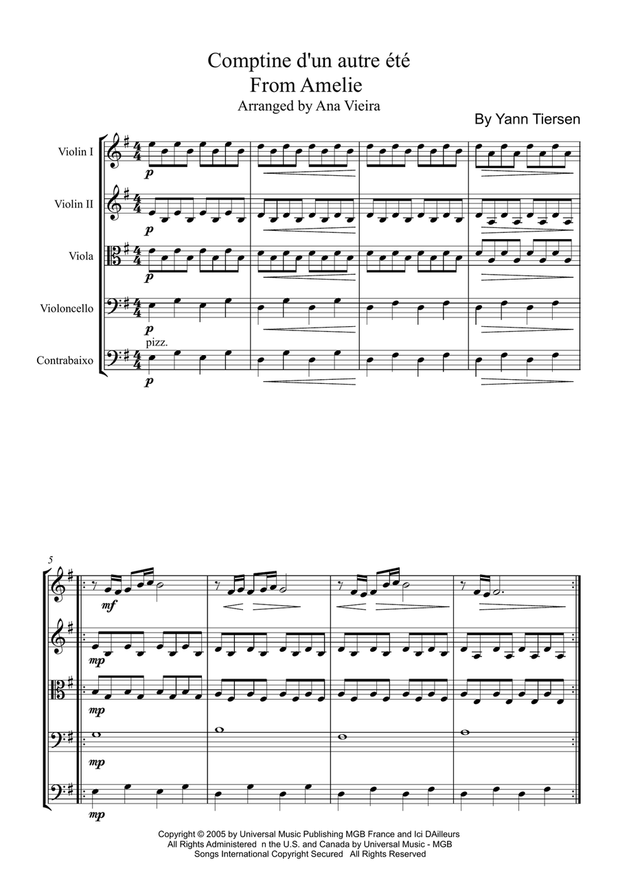 Comptine D'un Autre Été: L'après-Midi String Quintet scores gallery preview page 1