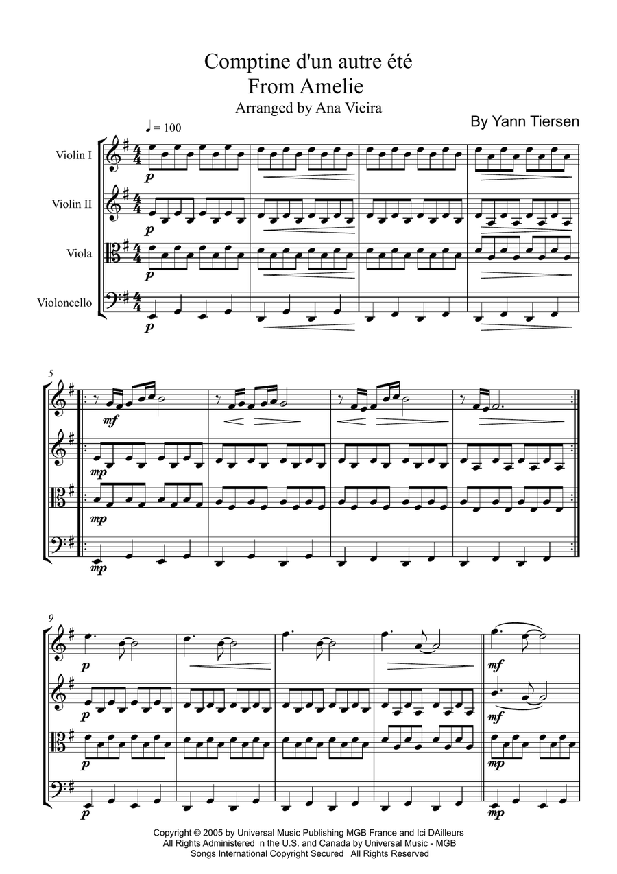 Comptine D'un Autre Été: L'après-Midi String Quartet scores gallery preview page 1