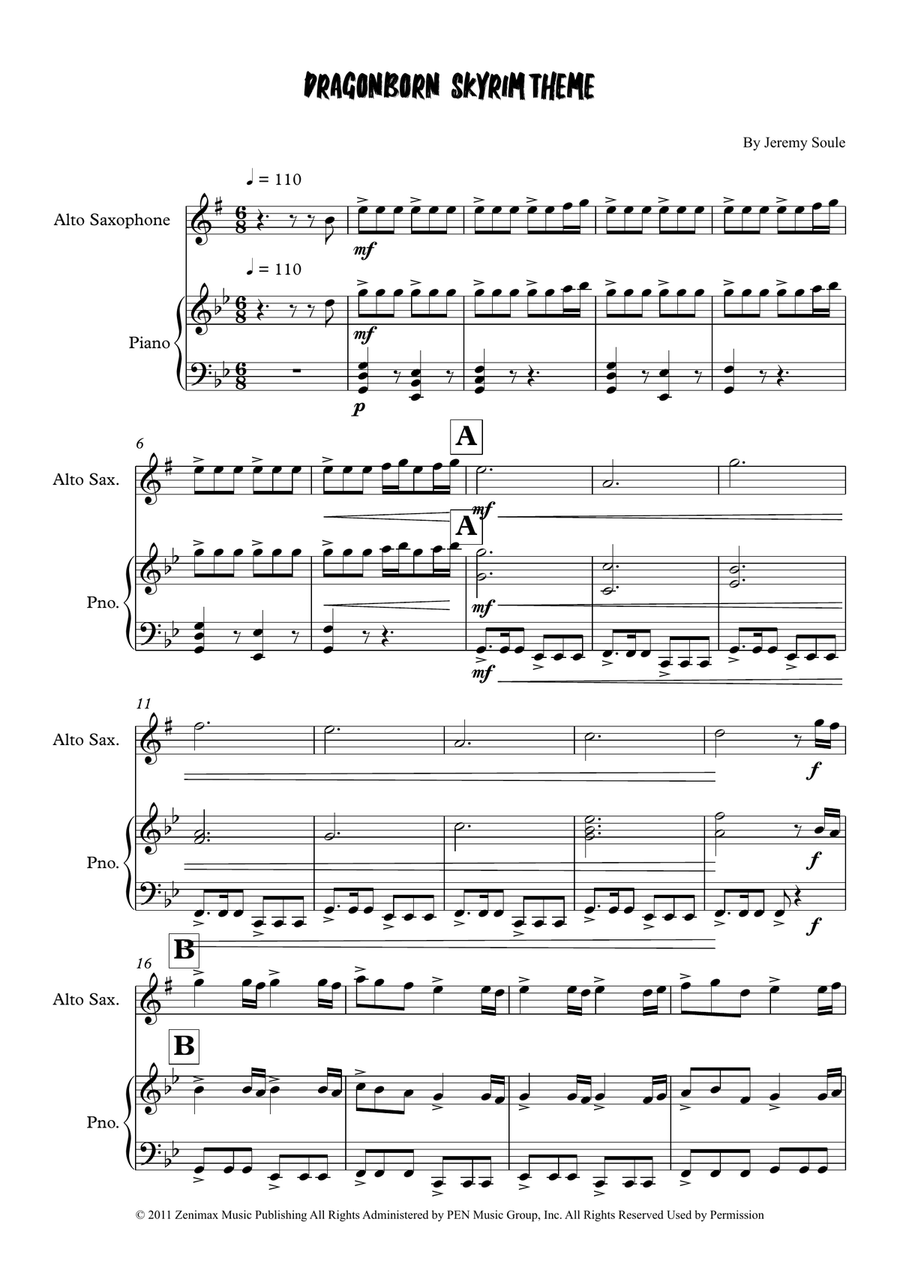 Dragonborn (Skyrim Theme) Alto Saxophone scores gallery preview page 1