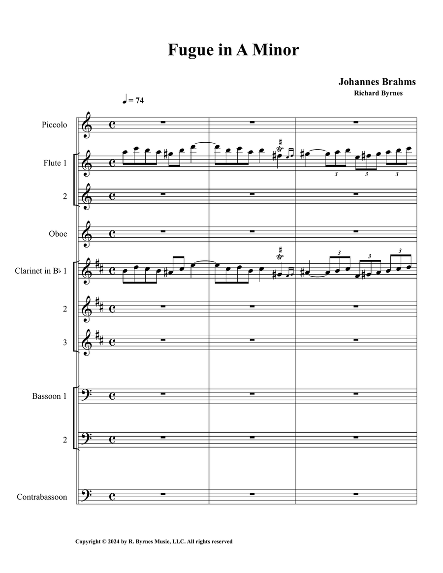 Johannes Brahms –Fugue No. 1, in A Minor (Woodwind Choir) Woodwind Ensemble scores gallery preview page 1