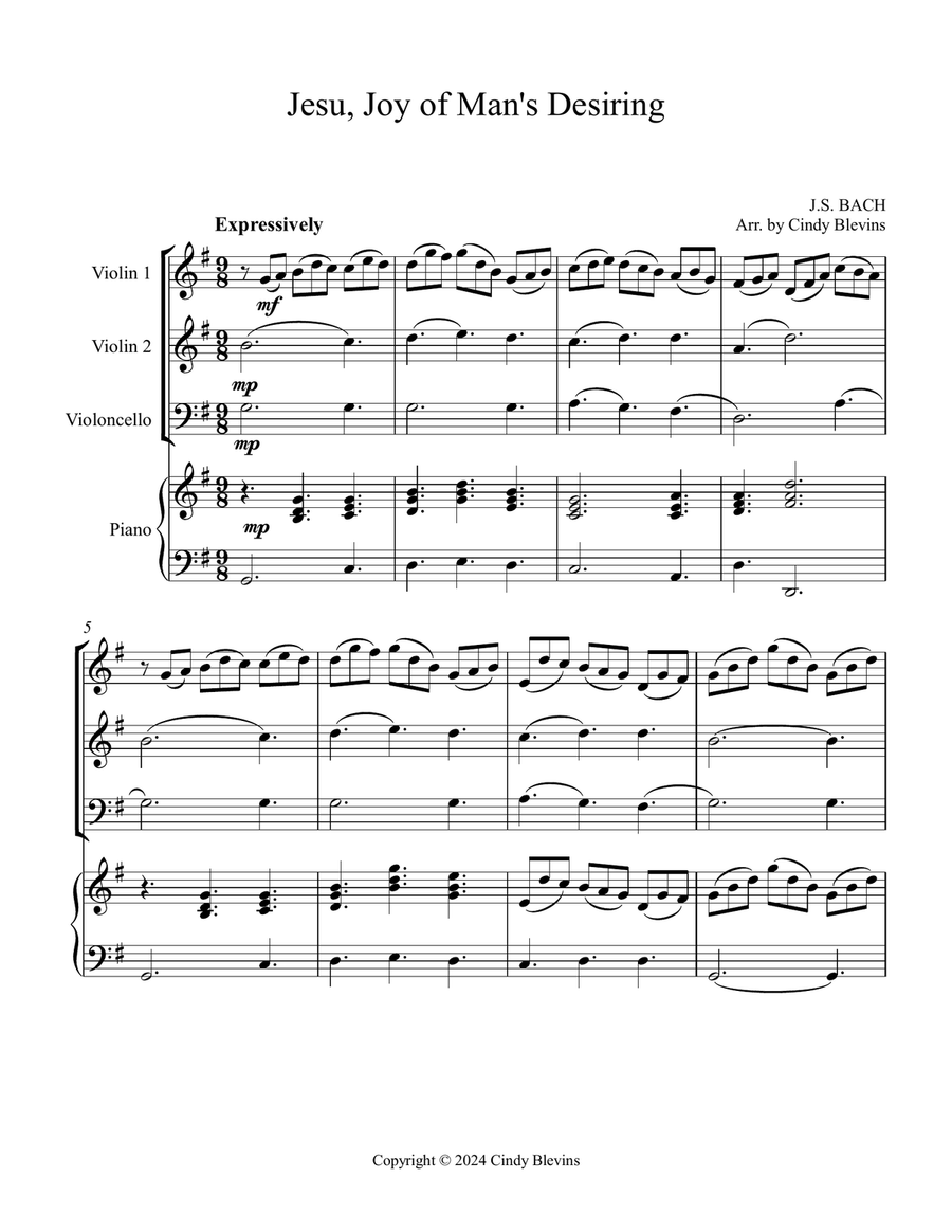 Jesu, Joy of Man's Desiring, for Two Violins, Cello and Piano Piano Quartet scores gallery preview page 2
