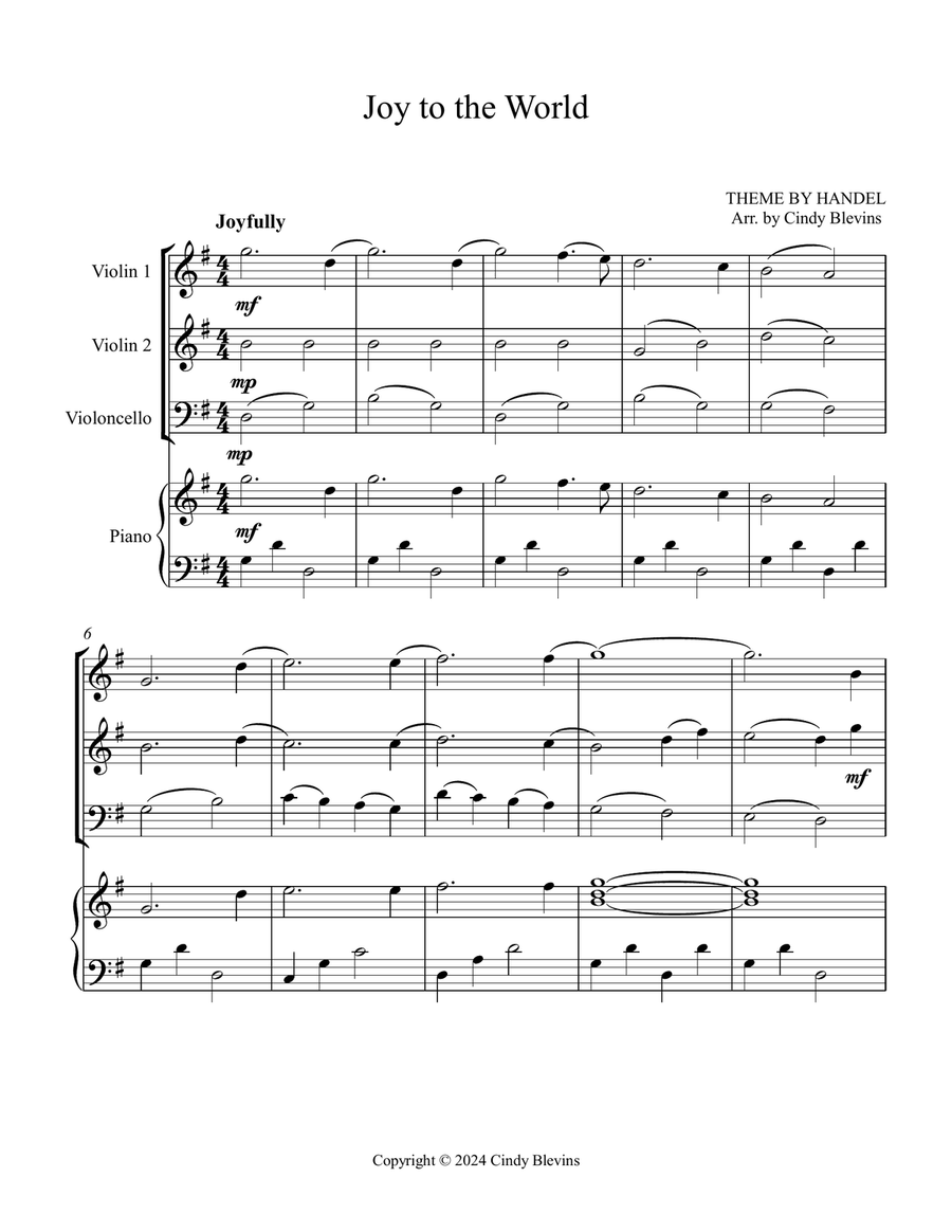 Joy To the World, for Two Violins, Cello and Piano Piano Quartet scores gallery preview page 2