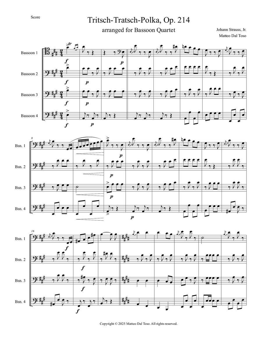 Tritsch-Tratsch-Polka Op. 214 for bassoon quartet Woodwind Quartet scores gallery preview page 2
