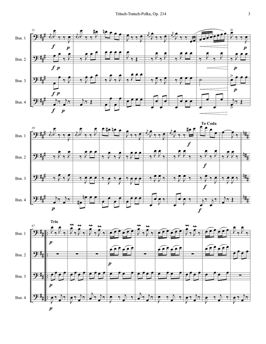 Tritsch-Tratsch-Polka Op. 214 for bassoon quartet Woodwind Quartet scores gallery preview page 4