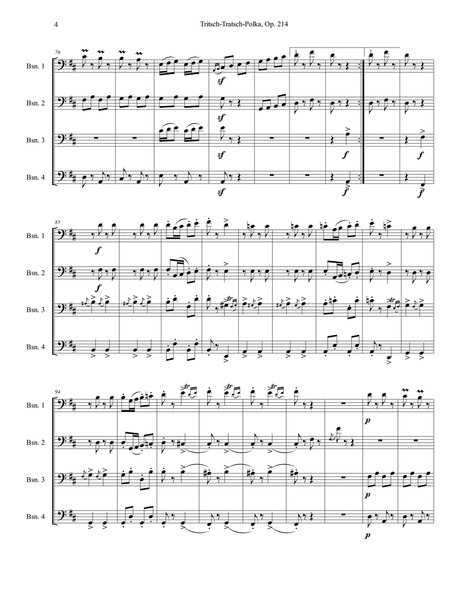 Tritsch-Tratsch-Polka Op. 214 for bassoon quartet Woodwind Quartet scores gallery preview page 5