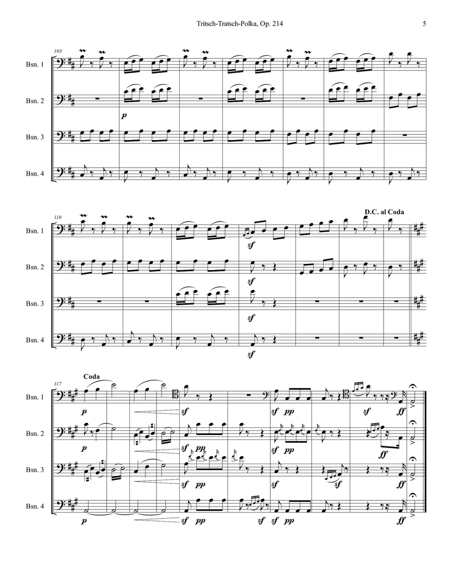Tritsch-Tratsch-Polka Op. 214 for bassoon quartet Woodwind Quartet scores gallery preview page 6