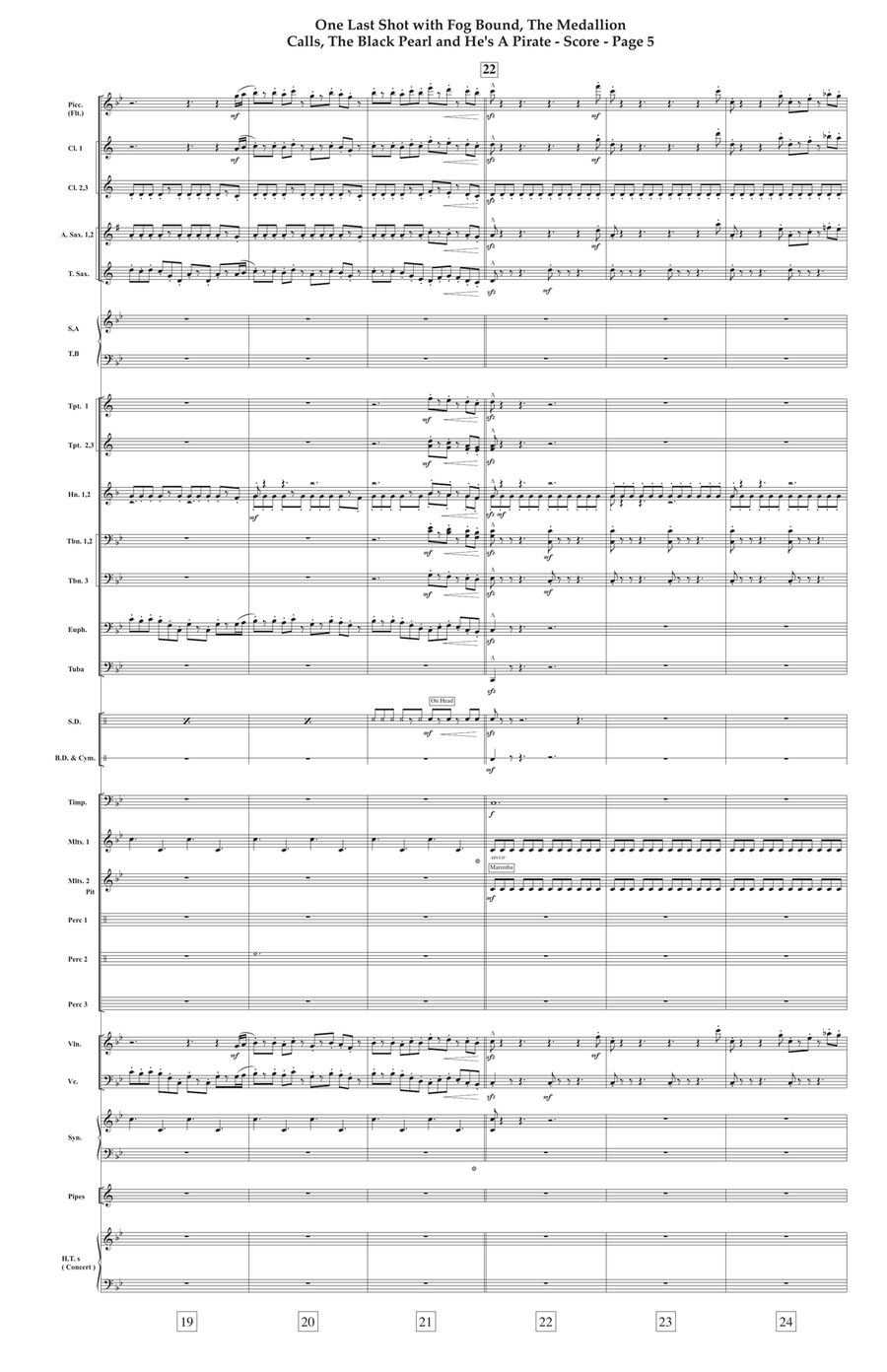 Medley: One Last Shot with Fog Bound, The Medallion Calls, The Black Pearl, and He's A Pirate Concert Band scores gallery preview page 4