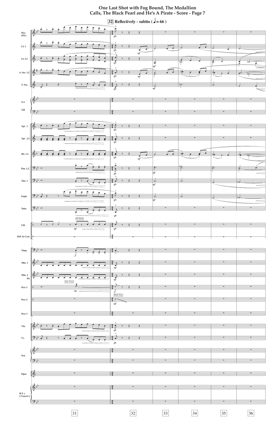 Medley: One Last Shot with Fog Bound, The Medallion Calls, The Black Pearl, and He's A Pirate Concert Band scores gallery preview page 6