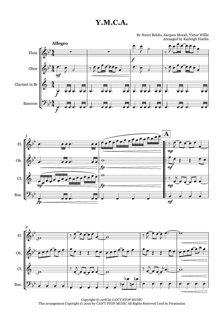 Y.m.c.a. Y.m.c.a. Woodwind Quartet scores gallery preview page 1