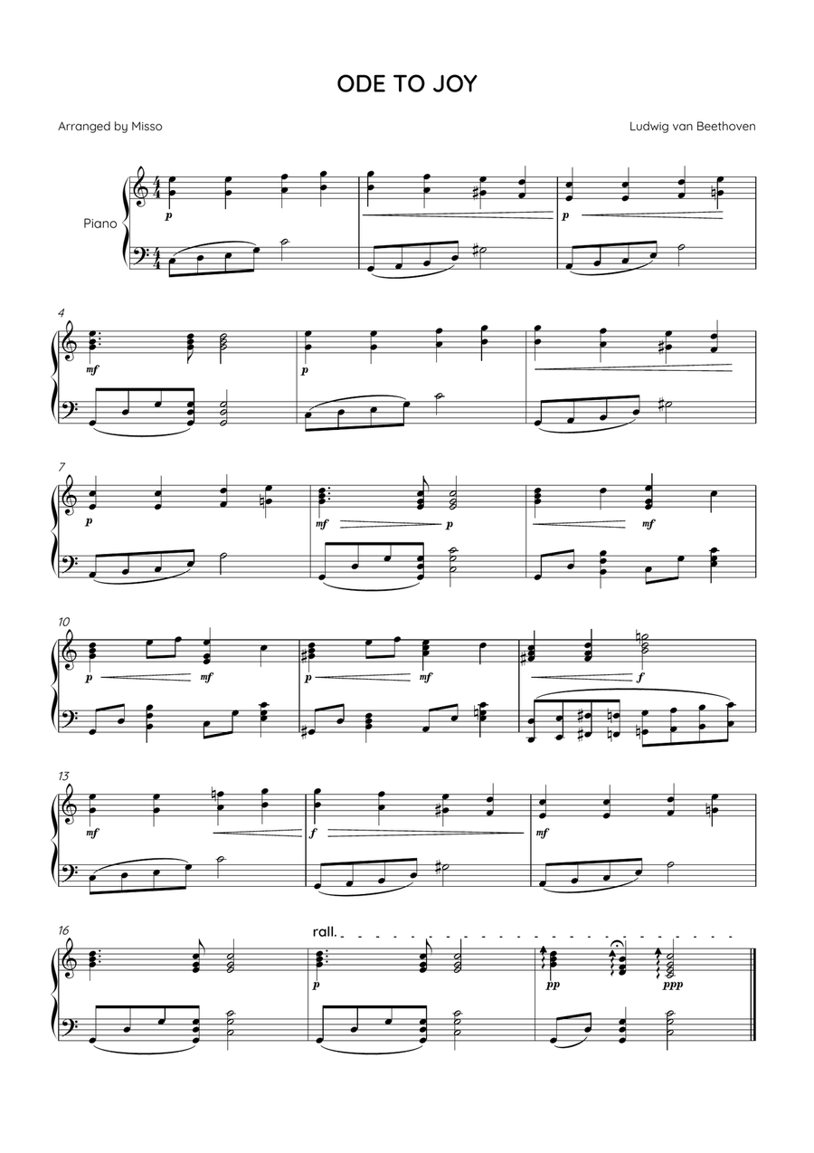 ODE TO JOY - Piano Solo in C Major - Intermediate Level Piano Solo scores gallery preview page 1