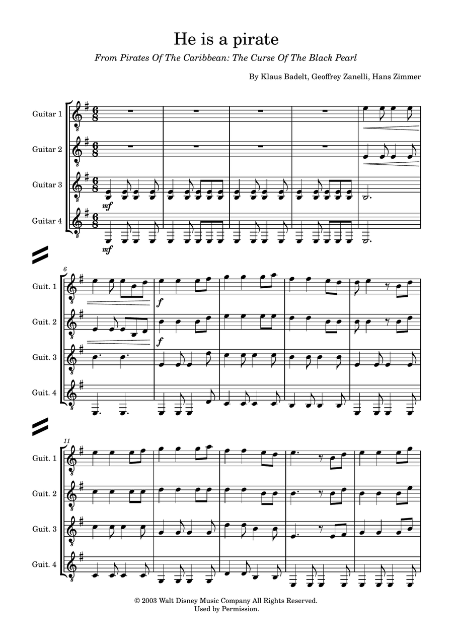He's A Pirate Guitar Ensemble scores gallery preview page 1