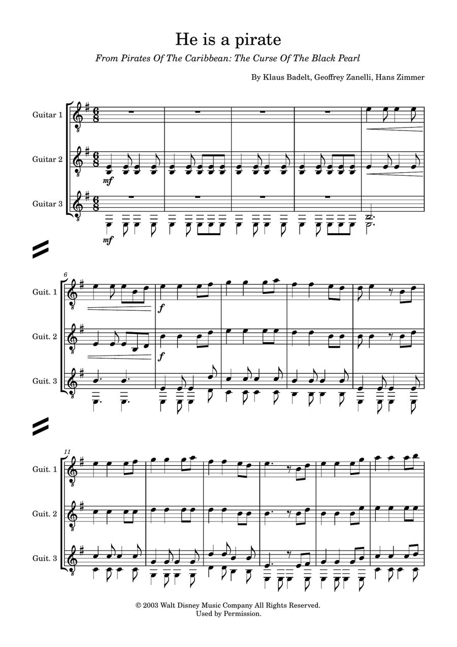 He's A Pirate Guitar Ensemble scores gallery preview page 1