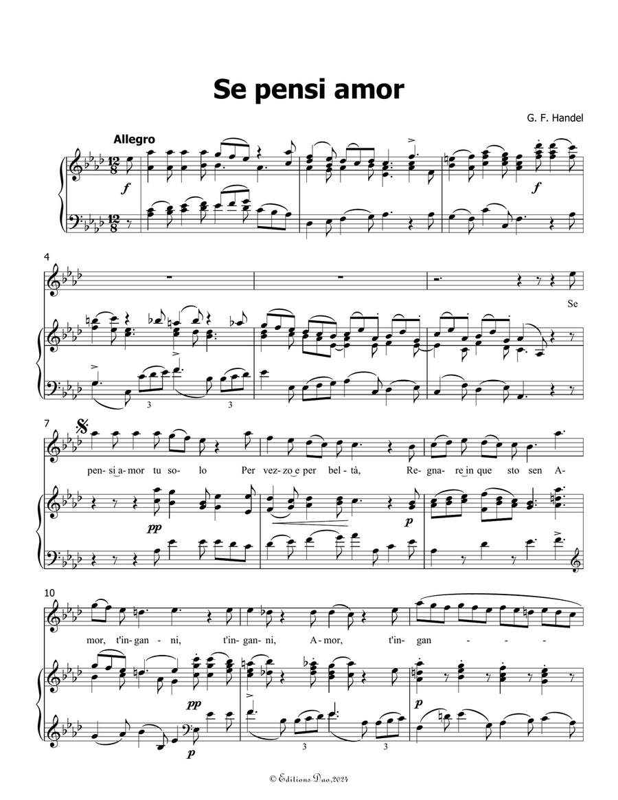 Se pensi amor, by Handel, in A flat Major Piano, Vocal scores gallery preview page 3