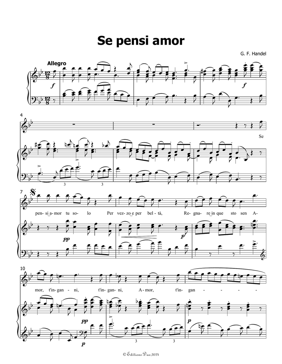 Se pensi amor, by Handel, in B flat Major Piano, Vocal scores gallery preview page 3