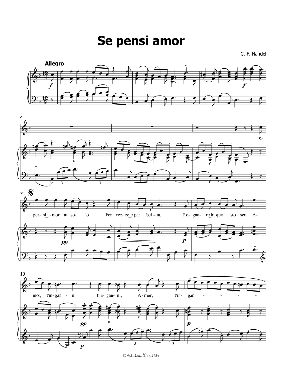 Se pensi amor, by Handel, in F Major Piano, Vocal scores gallery preview page 3