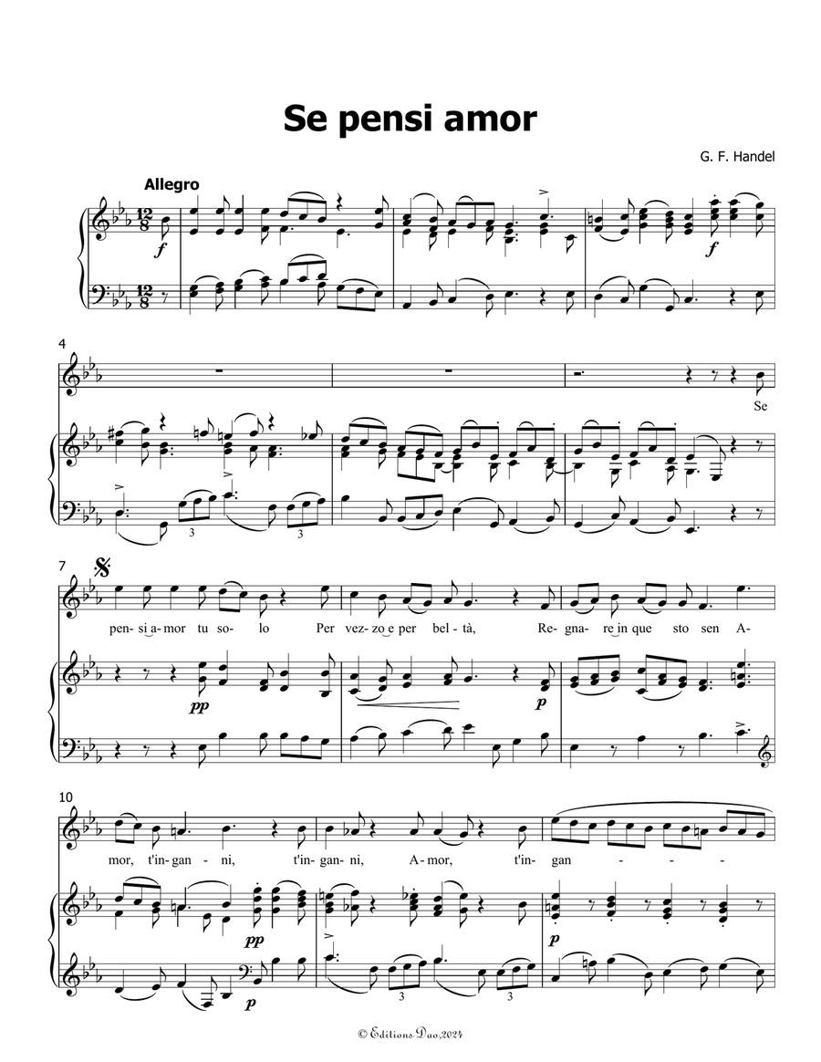 Se pensi amor, by Handel, in E flat Major Piano, Vocal scores gallery preview page 3