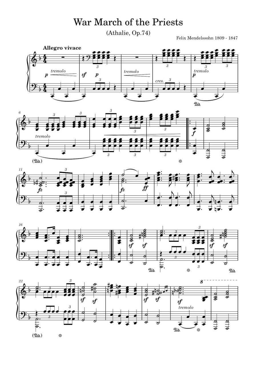 War March of the Priests from Athalie,Op.74 Felix Mendelssohn Piano Solo scores gallery preview page 1