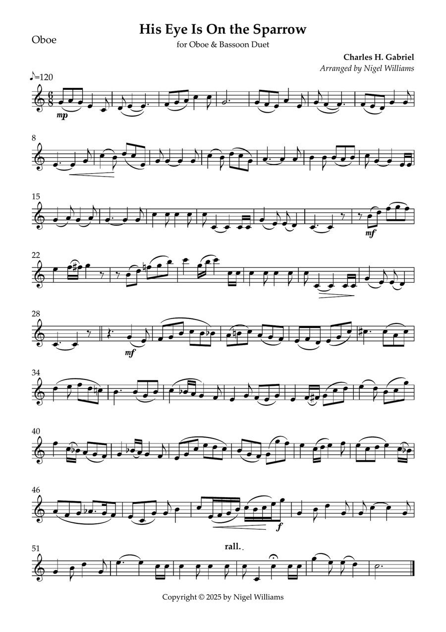 His Eye Is On the Sparrow Woodwind Duet scores gallery preview page 1