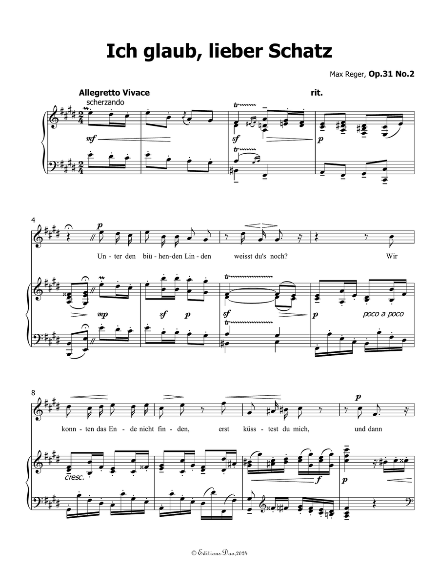 Ich glaub, lieber Schatz, by Reger, Op.31 No.2, in E Major Piano, Vocal scores gallery preview page 3