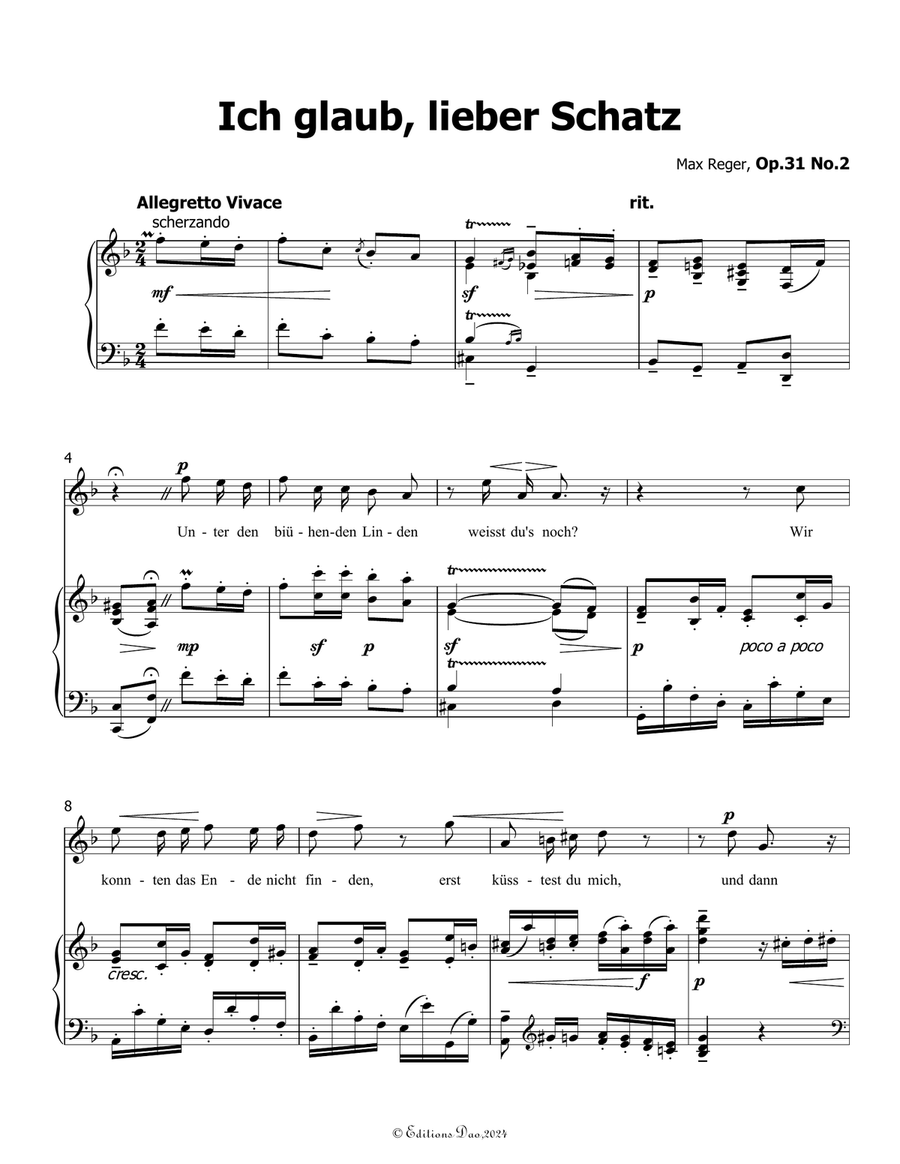 Ich glaub, lieber Schatz, by Reger, Op.31 No.2, in F Major Piano, Vocal scores gallery preview page 3