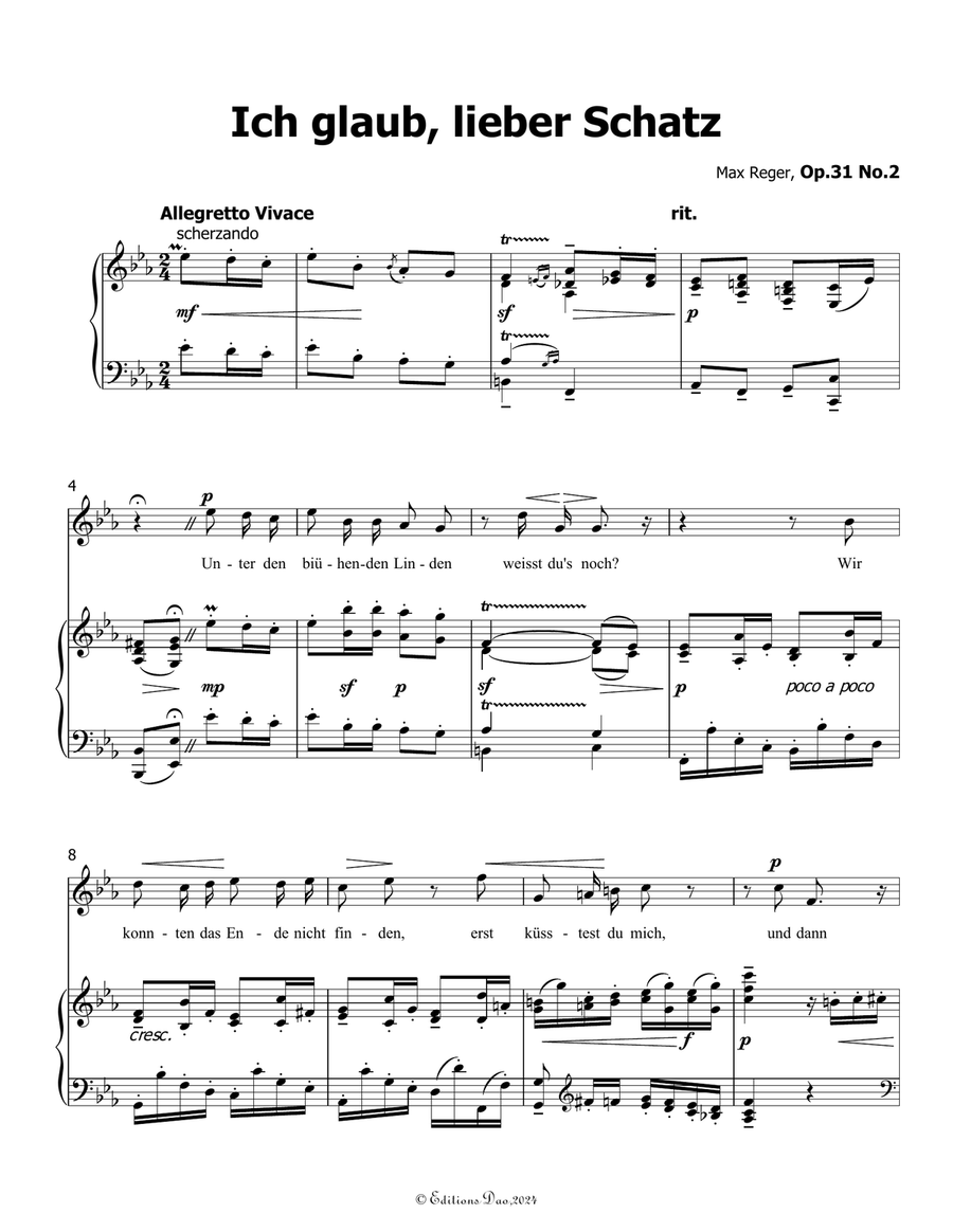 Ich glaub, lieber Schatz, by Reger, Op.31 No.2, in E flat Major Piano, Vocal scores gallery preview page 3