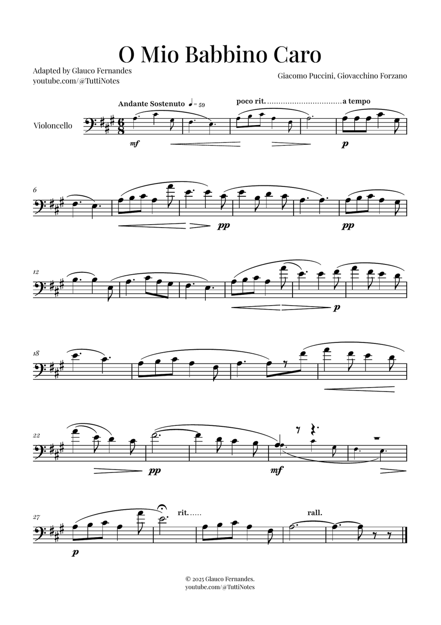 O Mio Babbino Caro | BEAUTIFUL Puccini Aria Cello Solo scores gallery preview page 1