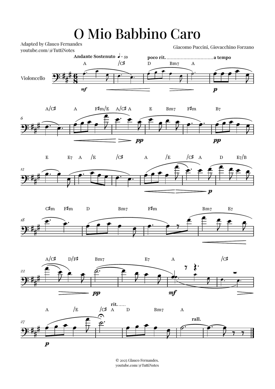O Mio Babbino Caro | BEAUTIFUL Puccini Aria Cello Solo scores gallery preview page 1