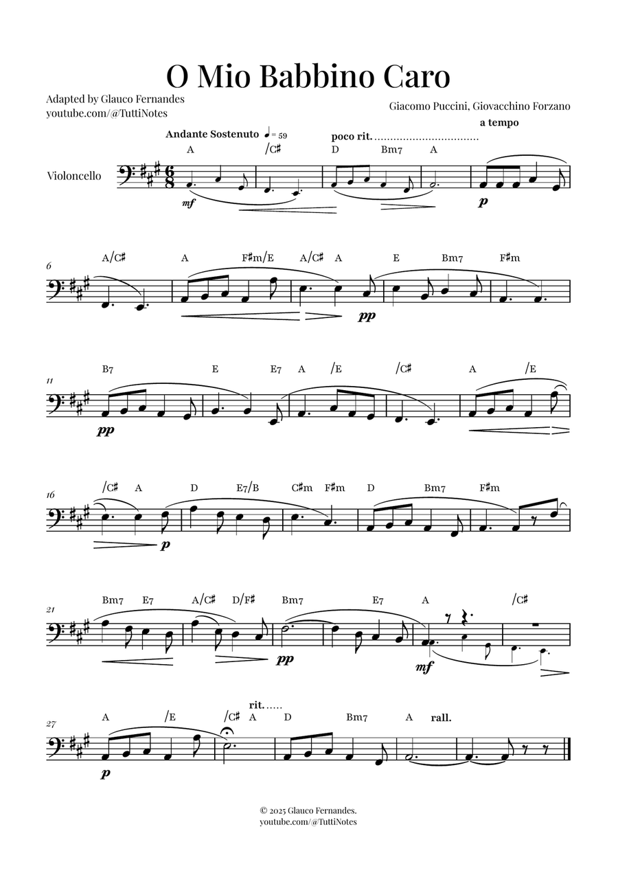 O Mio Babbino Caro | BEAUTIFUL Puccini Aria Cello Solo scores gallery preview page 1