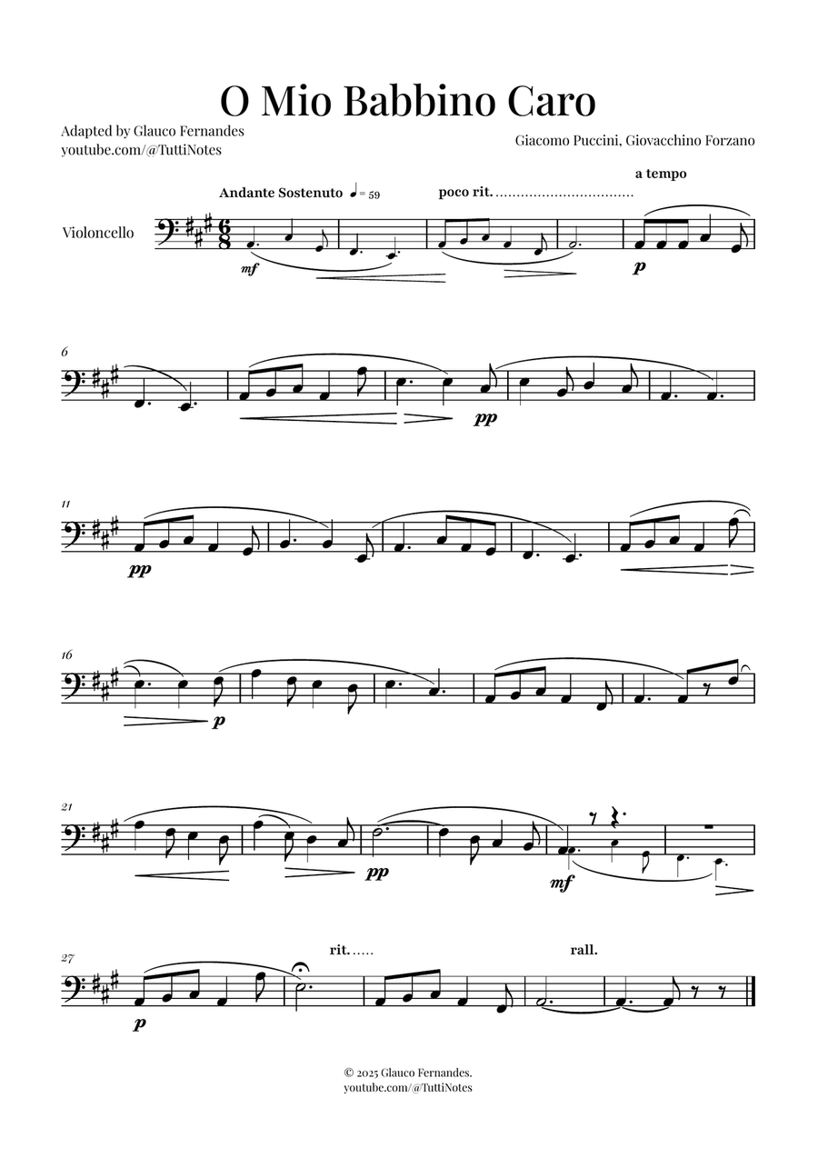 O Mio Babbino Caro | BEAUTIFUL Puccini Aria Cello Solo scores gallery preview page 1