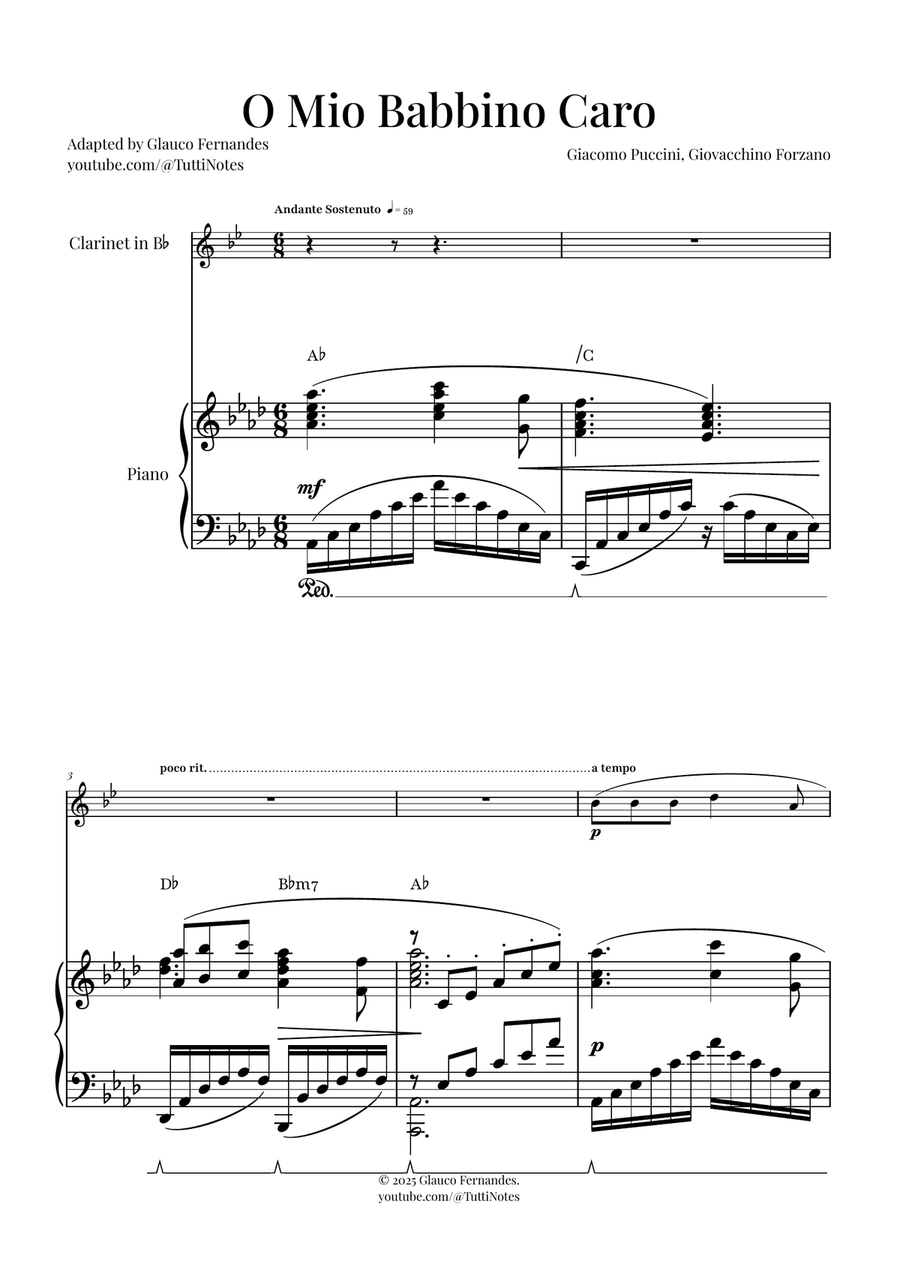 O Mio Babbino Caro | BEAUTIFUL Puccini Aria B-Flat Clarinet scores gallery preview page 1