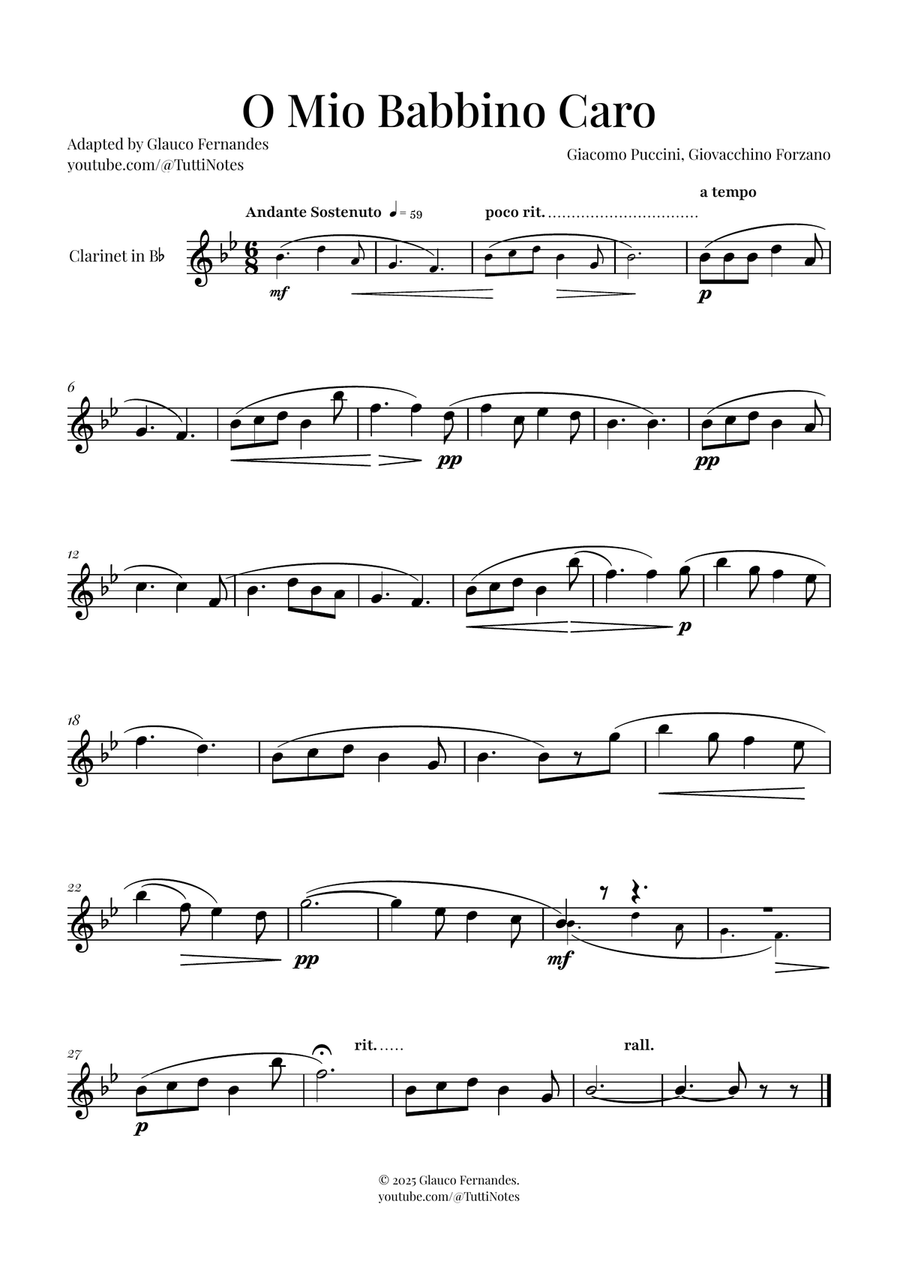 O Mio Babbino Caro | BEAUTIFUL Puccini Aria B-Flat Clarinet scores gallery preview page 1