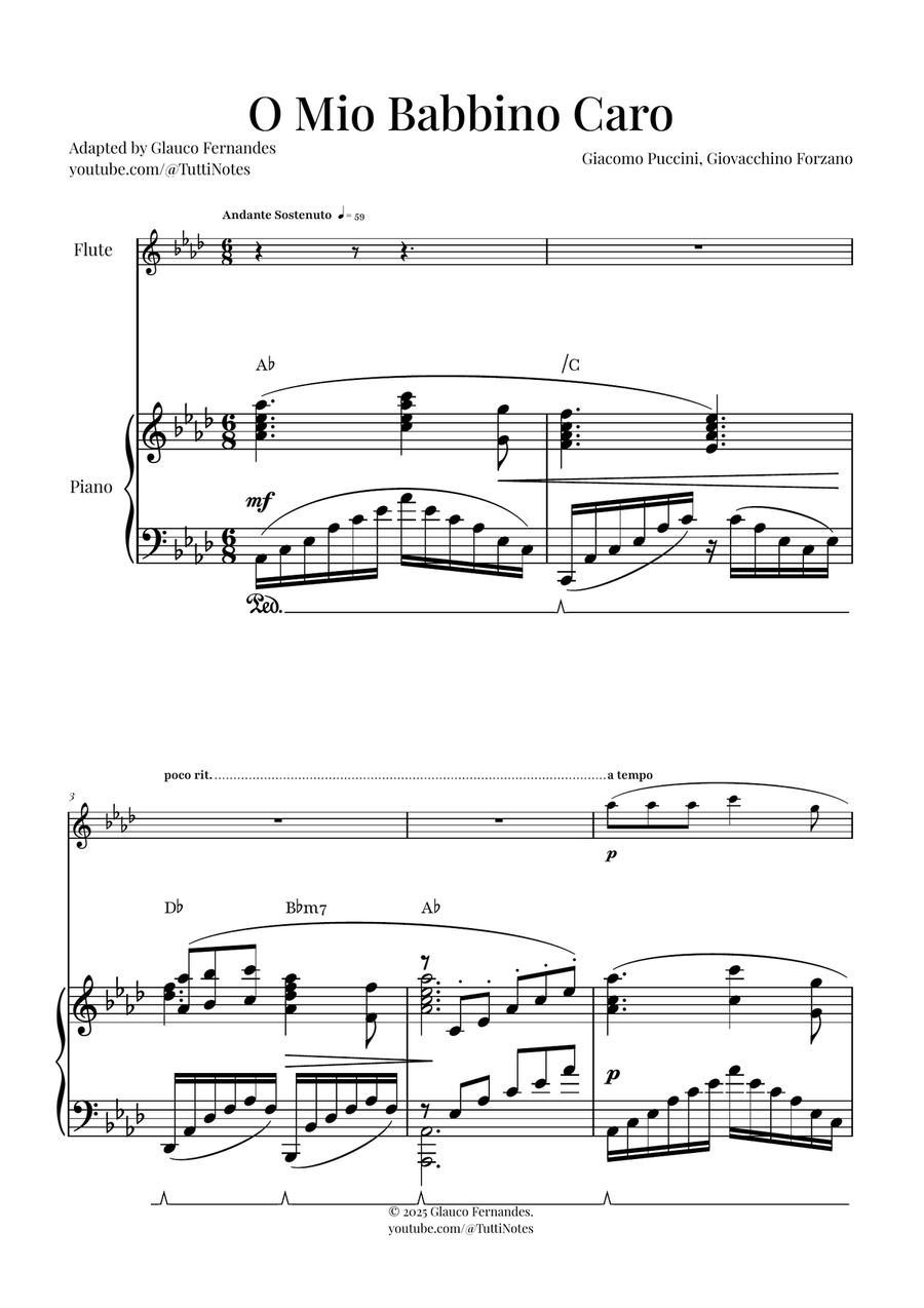 O Mio Babbino Caro | BEAUTIFUL Puccini Aria Flute Solo scores gallery preview page 1