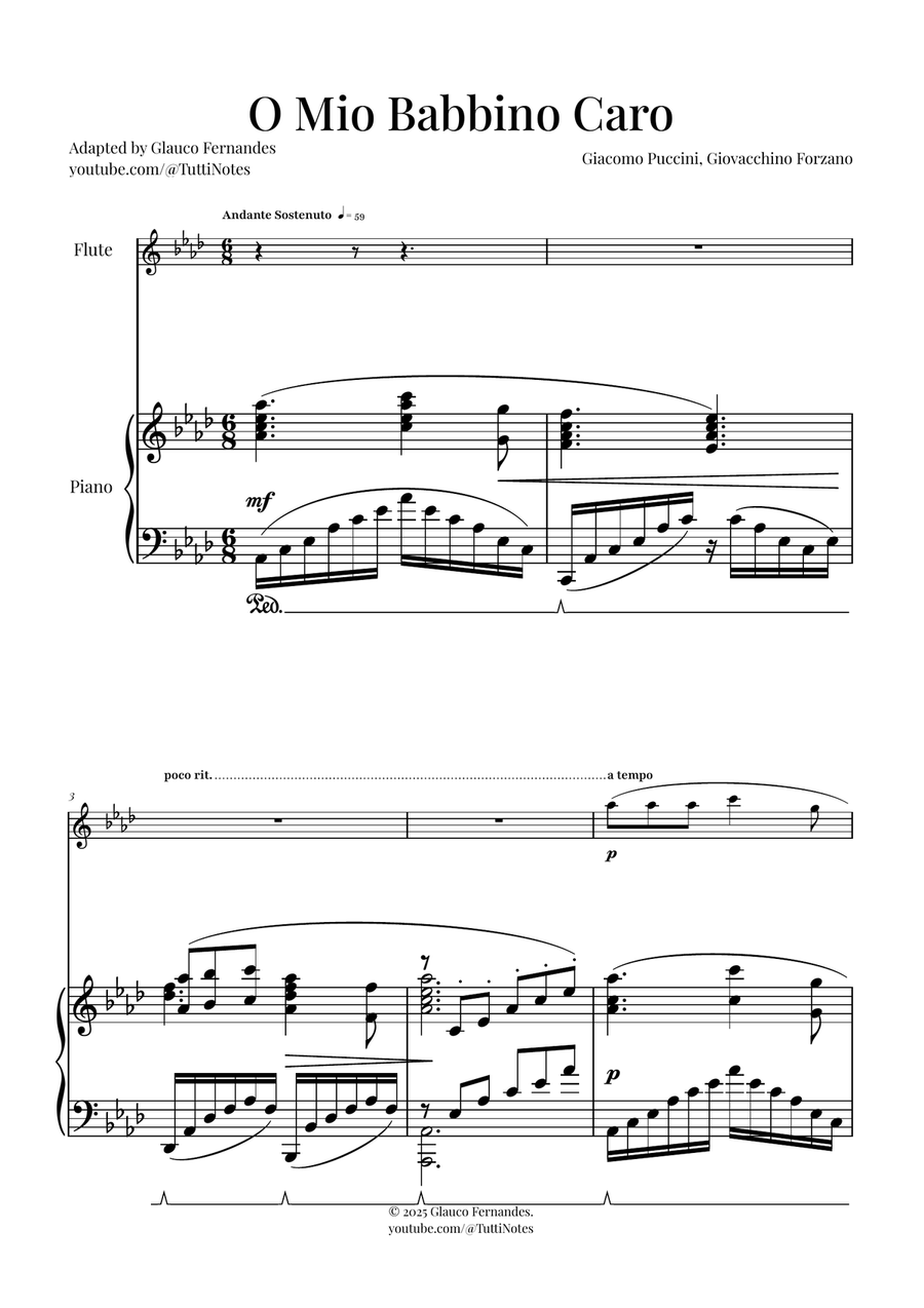 O Mio Babbino Caro | BEAUTIFUL Puccini Aria Flute Solo scores gallery preview page 1