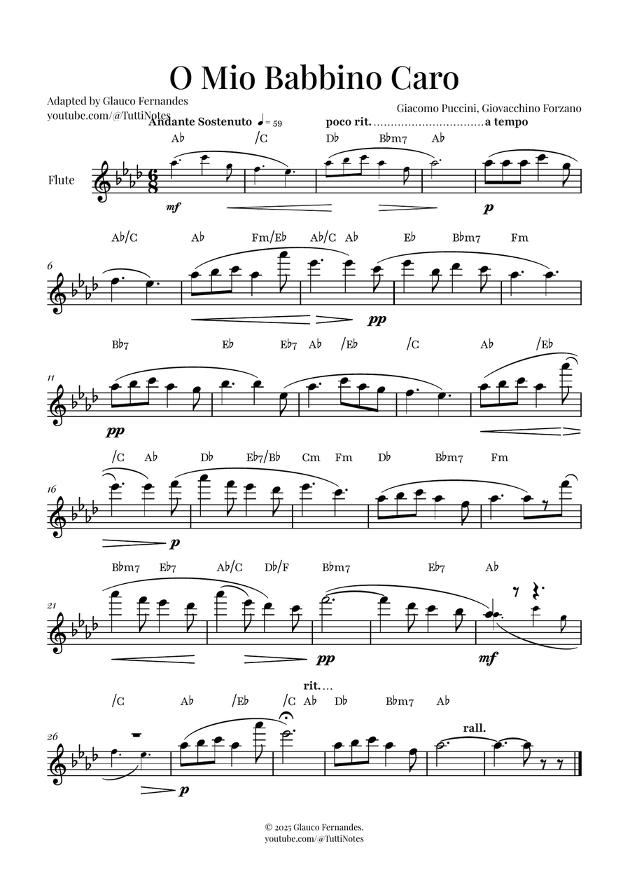 O Mio Babbino Caro | BEAUTIFUL Puccini Aria Flute Solo scores gallery preview page 1