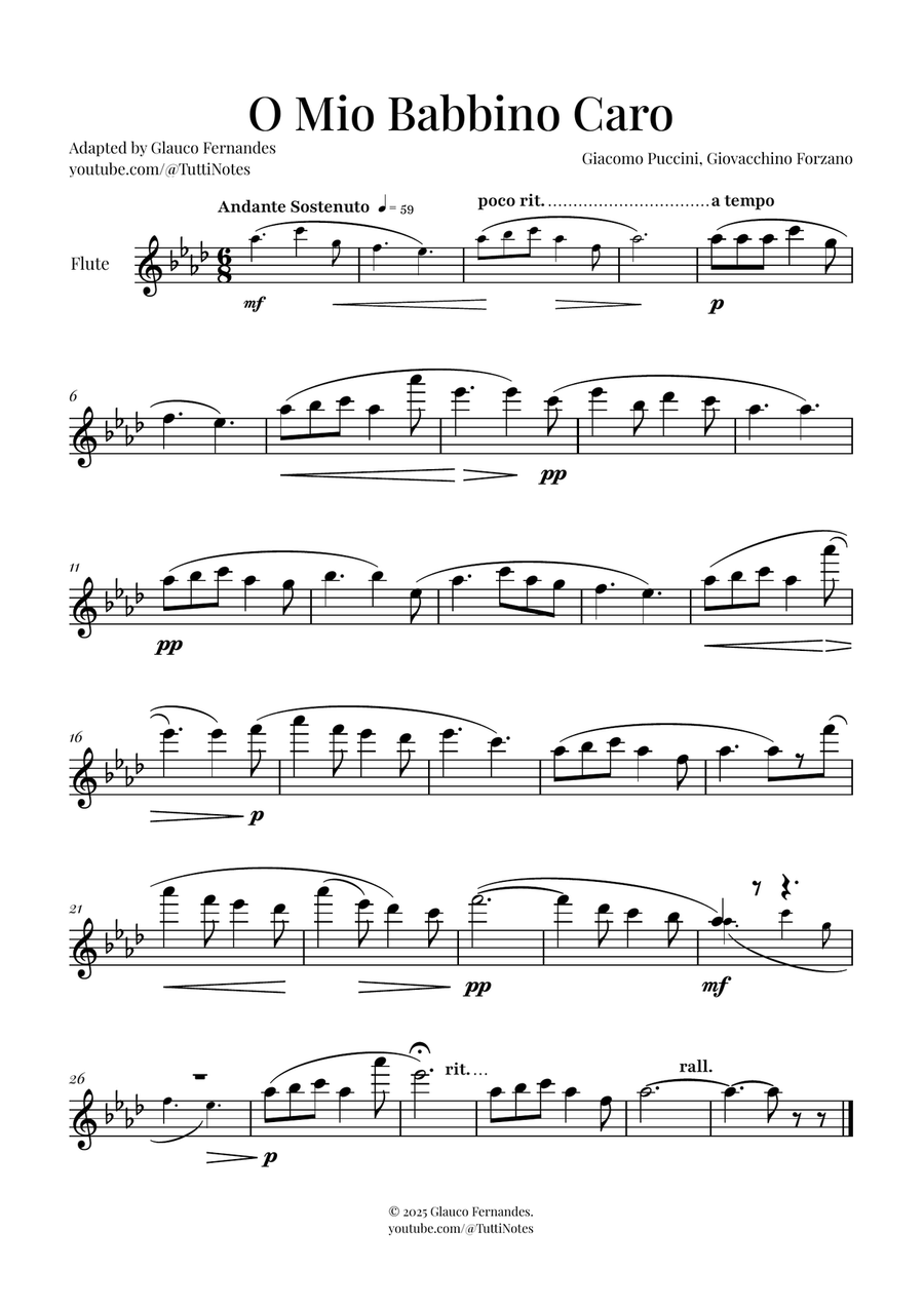 O Mio Babbino Caro | BEAUTIFUL Puccini Aria Flute Solo scores gallery preview page 1